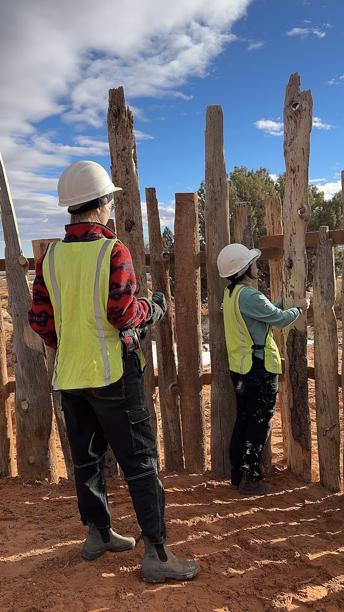 Students raising timber posts on site in Bluff